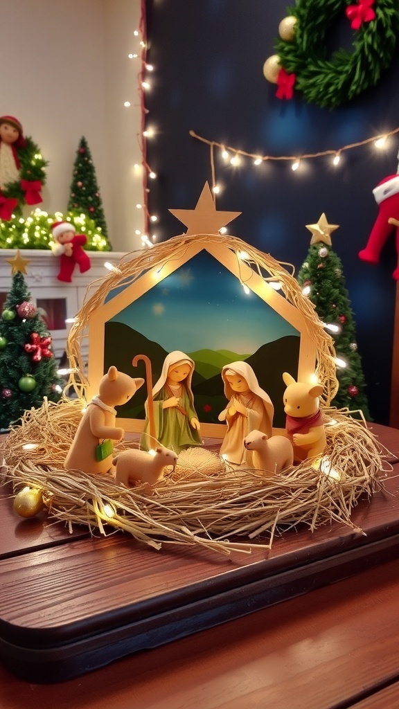 A cozy nativity scene with wooden figures, straw, and string lights, set on a rustic table.